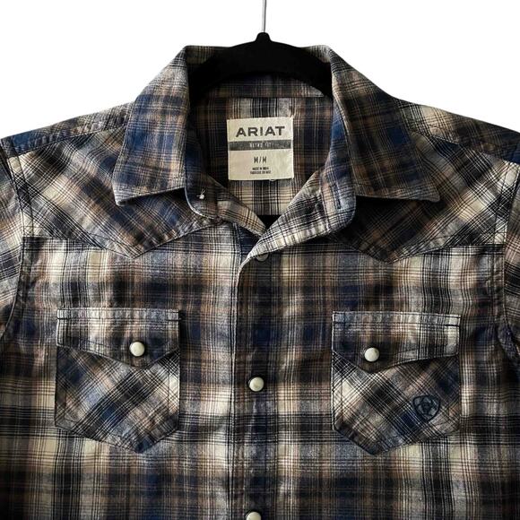 Ariat Men's Retro Fit Pearl Snap Western Shirt Brown Blue Plaid Cotton Size M - Picture 3 of 9
